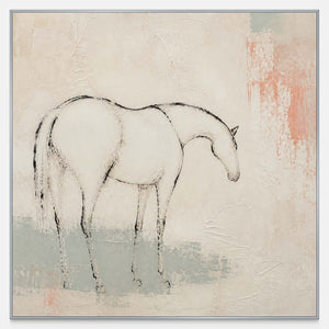 Minimalist bowed horse drawing on ivory, blush, and sage texture.