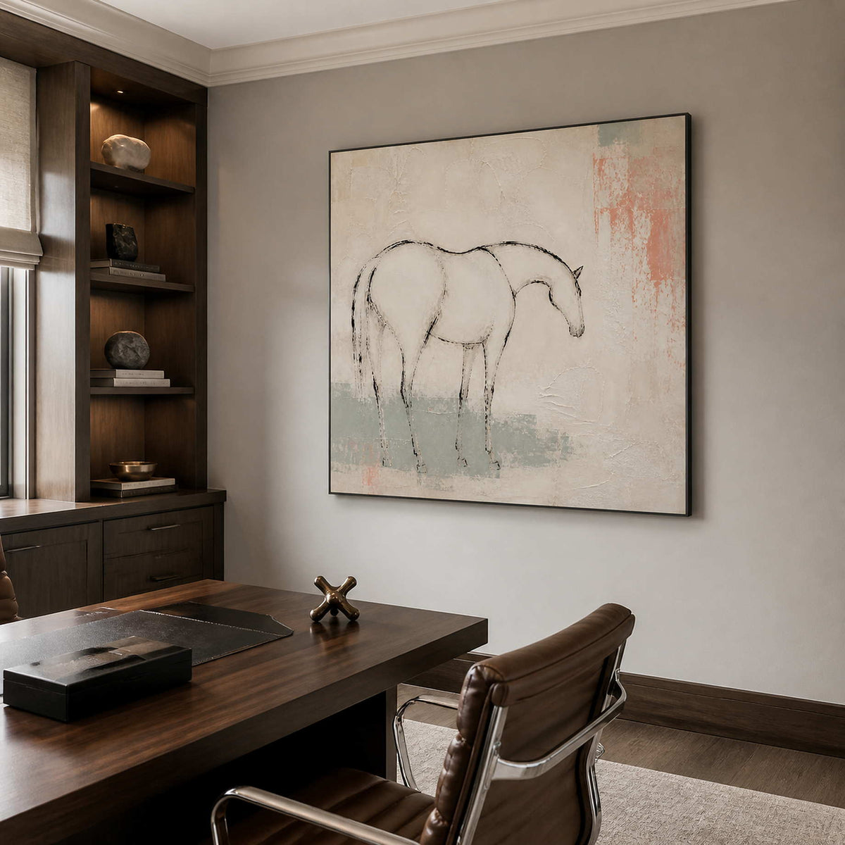 Minimalist equestrian wall art displayed in a warm modern office.