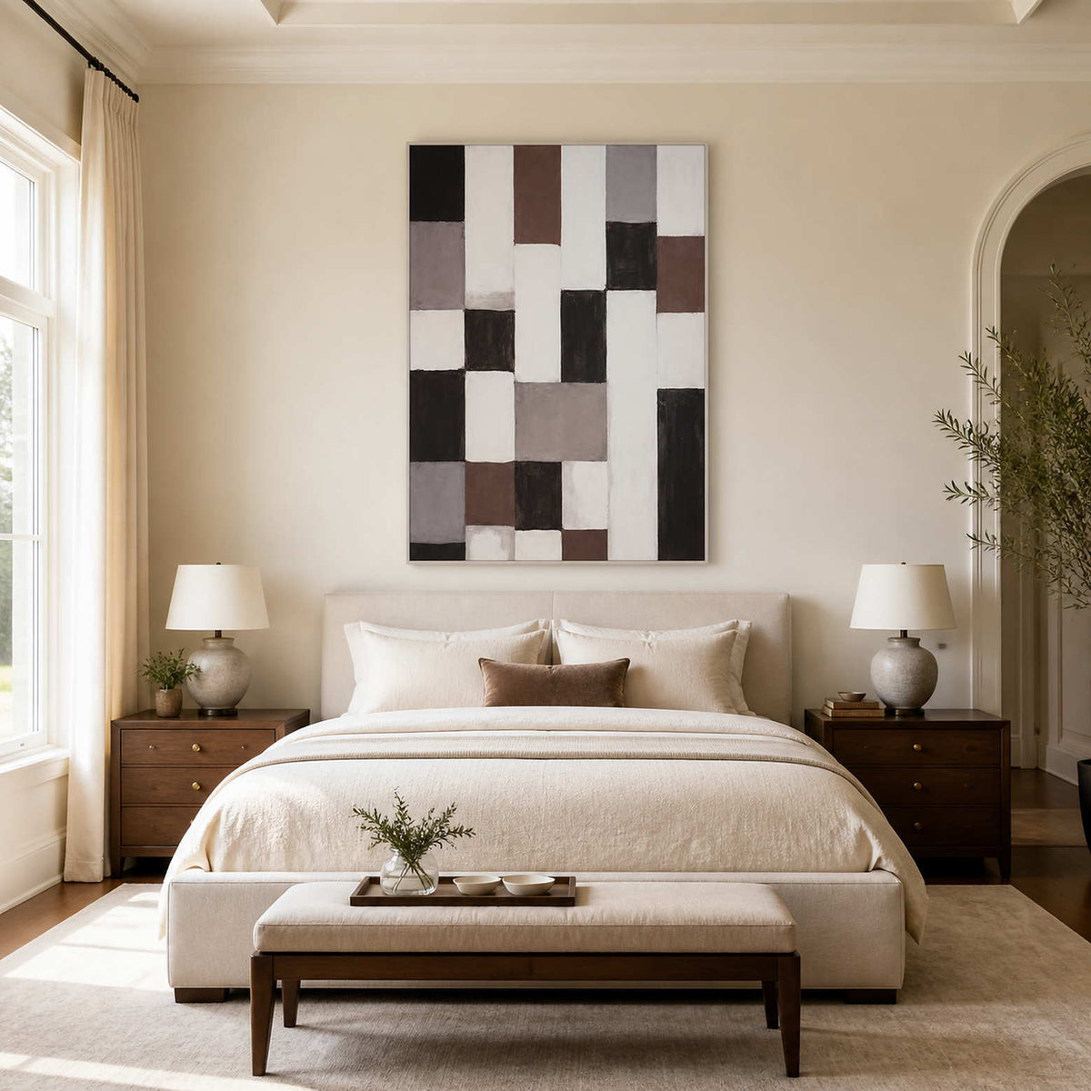 White framed neutral geometric artwork above a cream bed between matching wooden bedside tables.