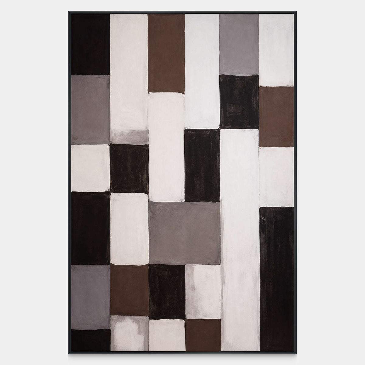 Vertical abstract artwork with staggered cream, brown, gray, and charcoal rectangles and softly painted edges.