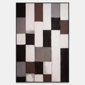 Vertical abstract artwork with staggered cream, brown, gray, and charcoal rectangles and softly painted edges.