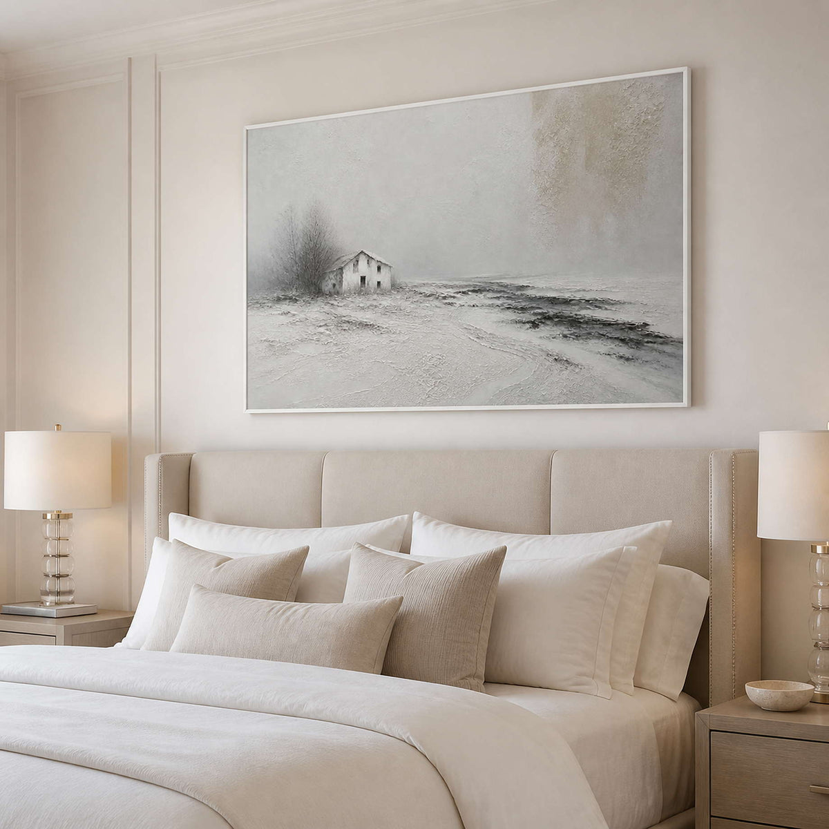 Calming ivory winter wall art above a bedroom with a white frame.