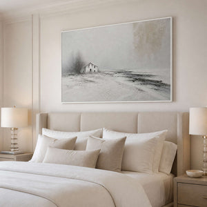 Calming ivory winter wall art above a bedroom with a white frame.