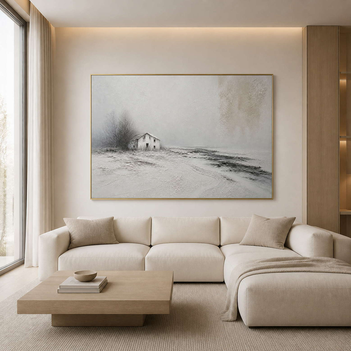 Textured winter landscape wall art in a serene living room with a gold frame.