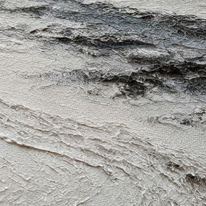 Close-up of layered ivory snow and charcoal field texture.