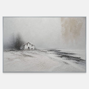 Hand-painted winter landscape wall art with a small house in an ivory field.