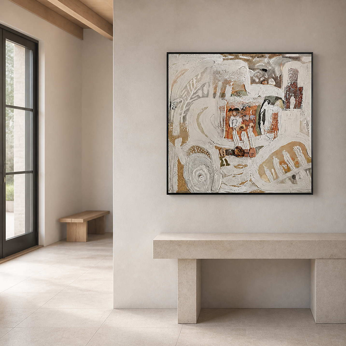 Black framed square abstract artwork above a stone console in an airy residential entryway.