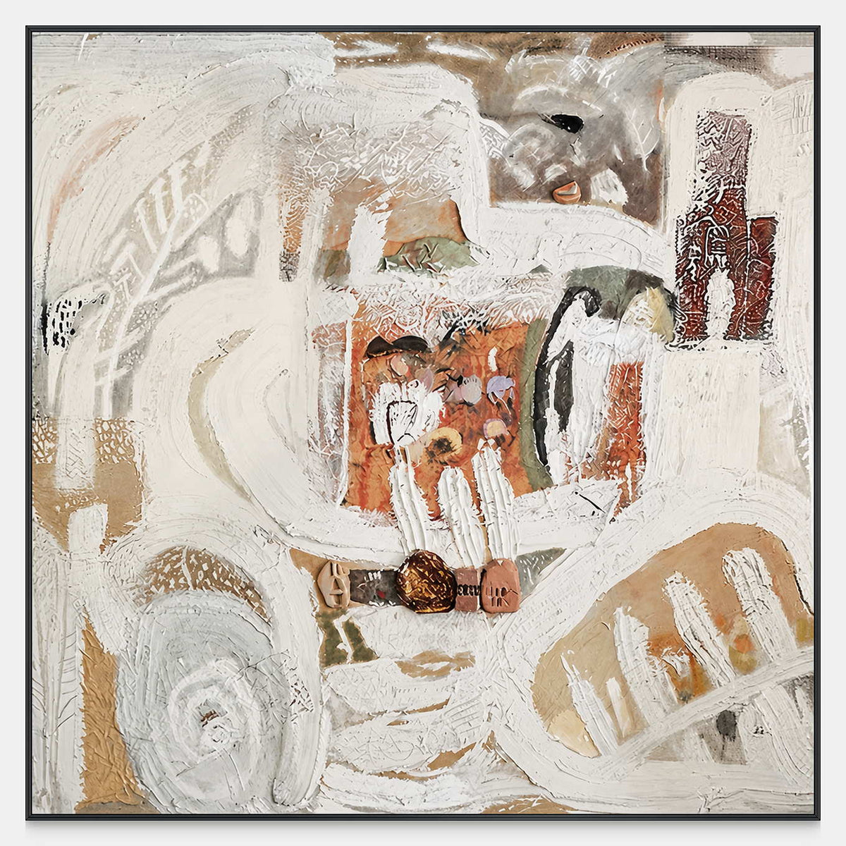 Square abstract artwork with broad cream curves, rust patches, and intricately scratched paint.