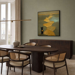 Square black cat wall art styled in a calm modern dining room.