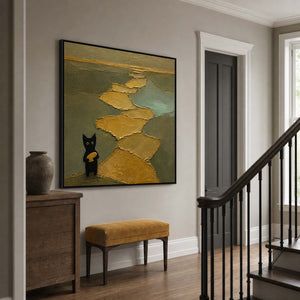 Textured black cat canvas displayed beside a bright staircase entryway.