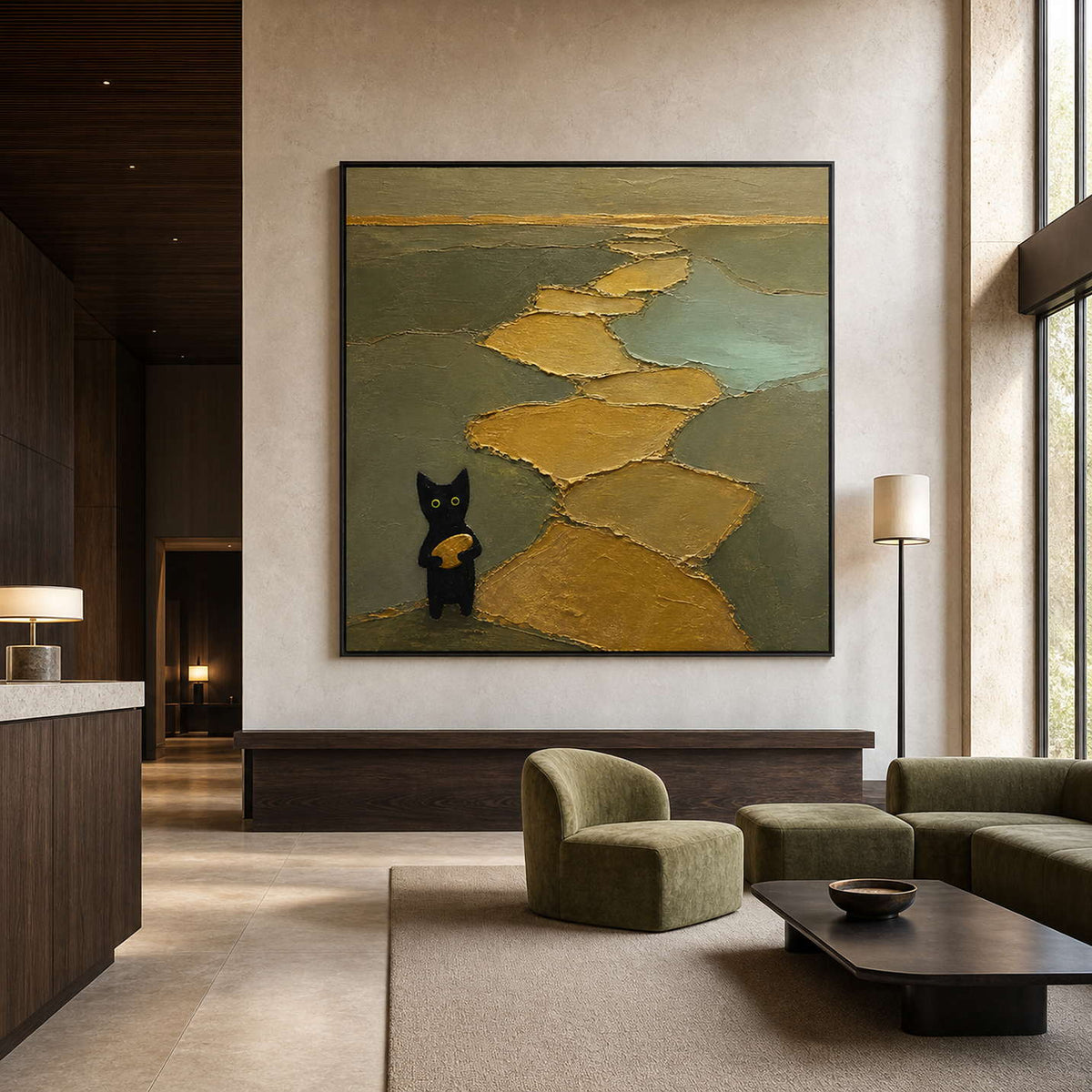 Textured cat wall art displayed in a refined contemporary hotel lobby.