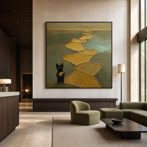 Textured cat wall art displayed in a refined contemporary hotel lobby.