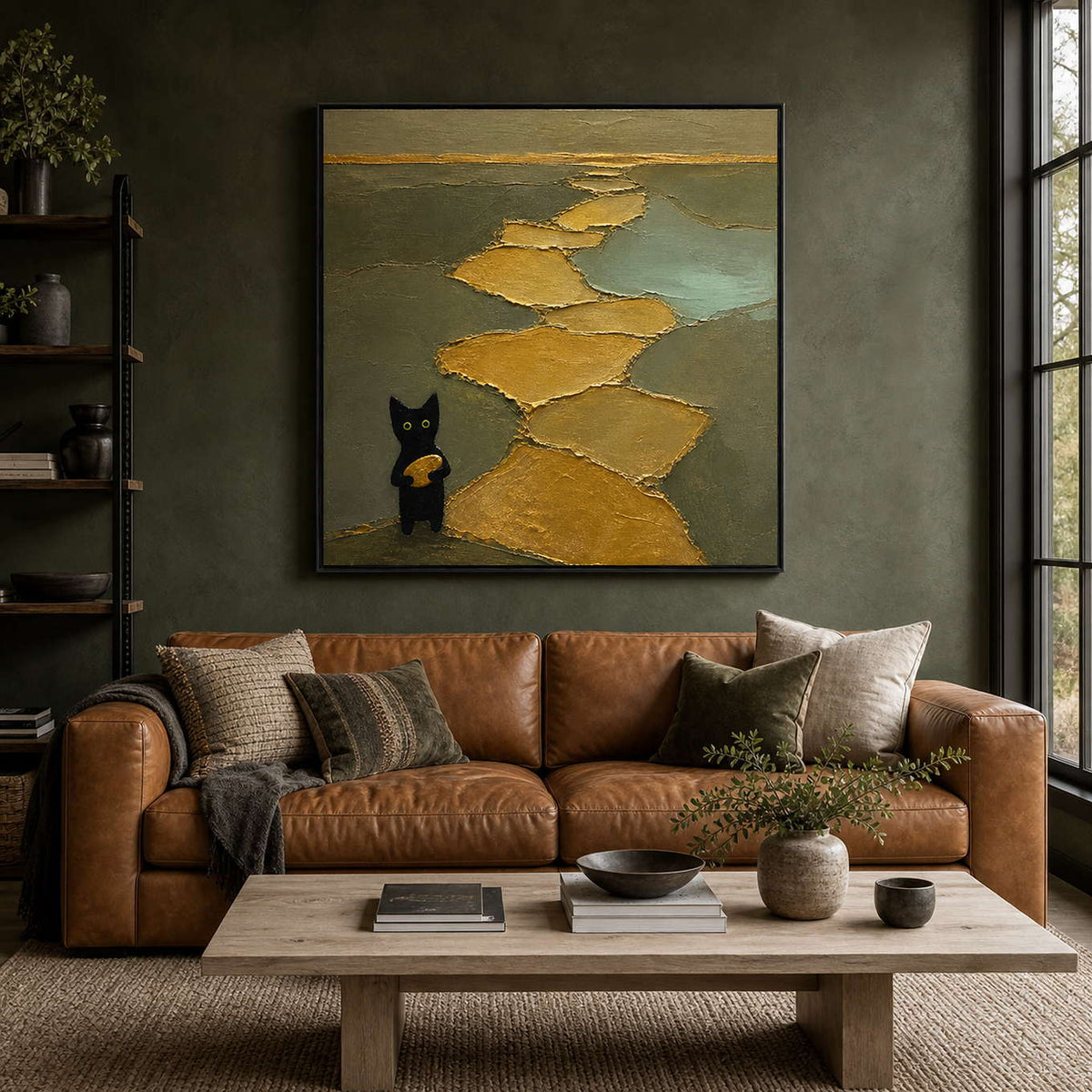 Textured black cat wall art styled above a warm modern living room sofa.