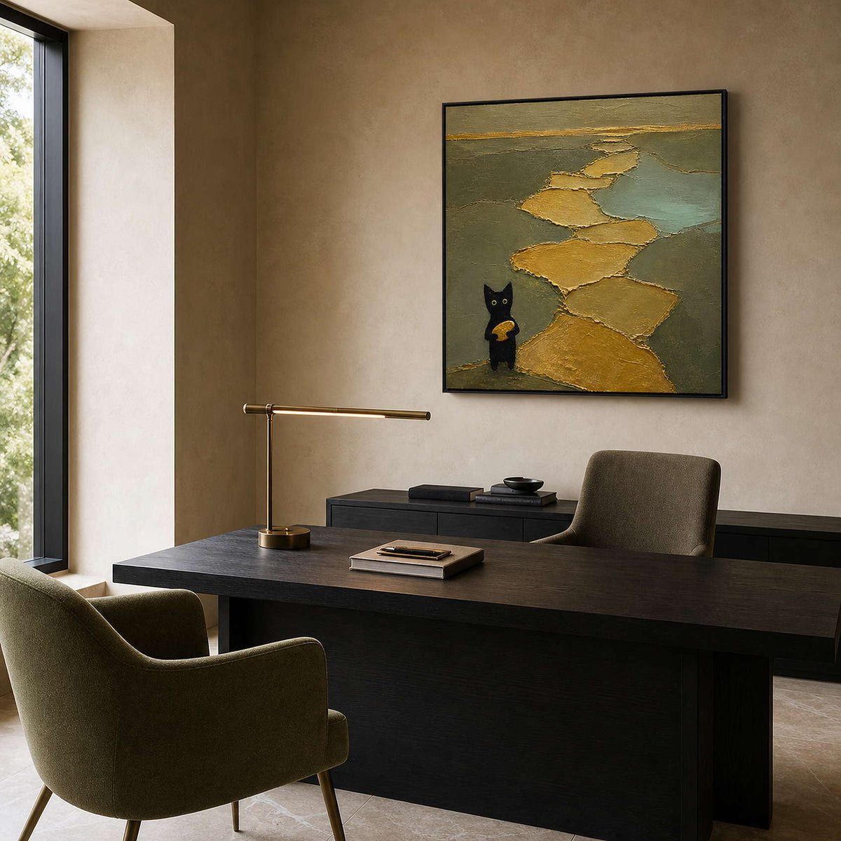 Gold and olive cat wall art displayed above a modern office desk.