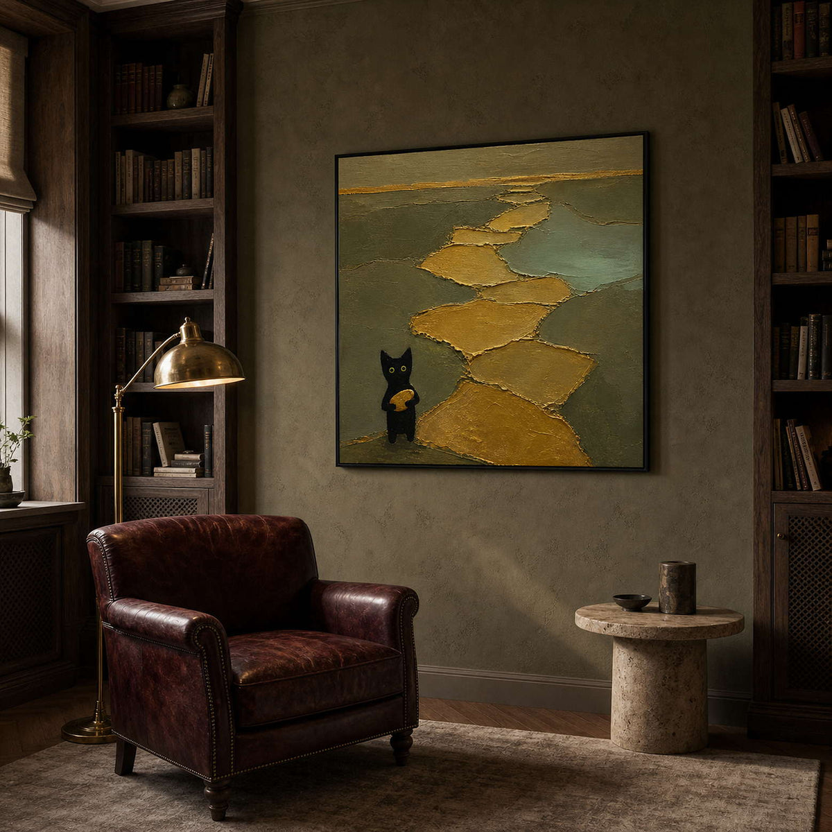 Textured animal canvas displayed in a dark, book-lined reading room.