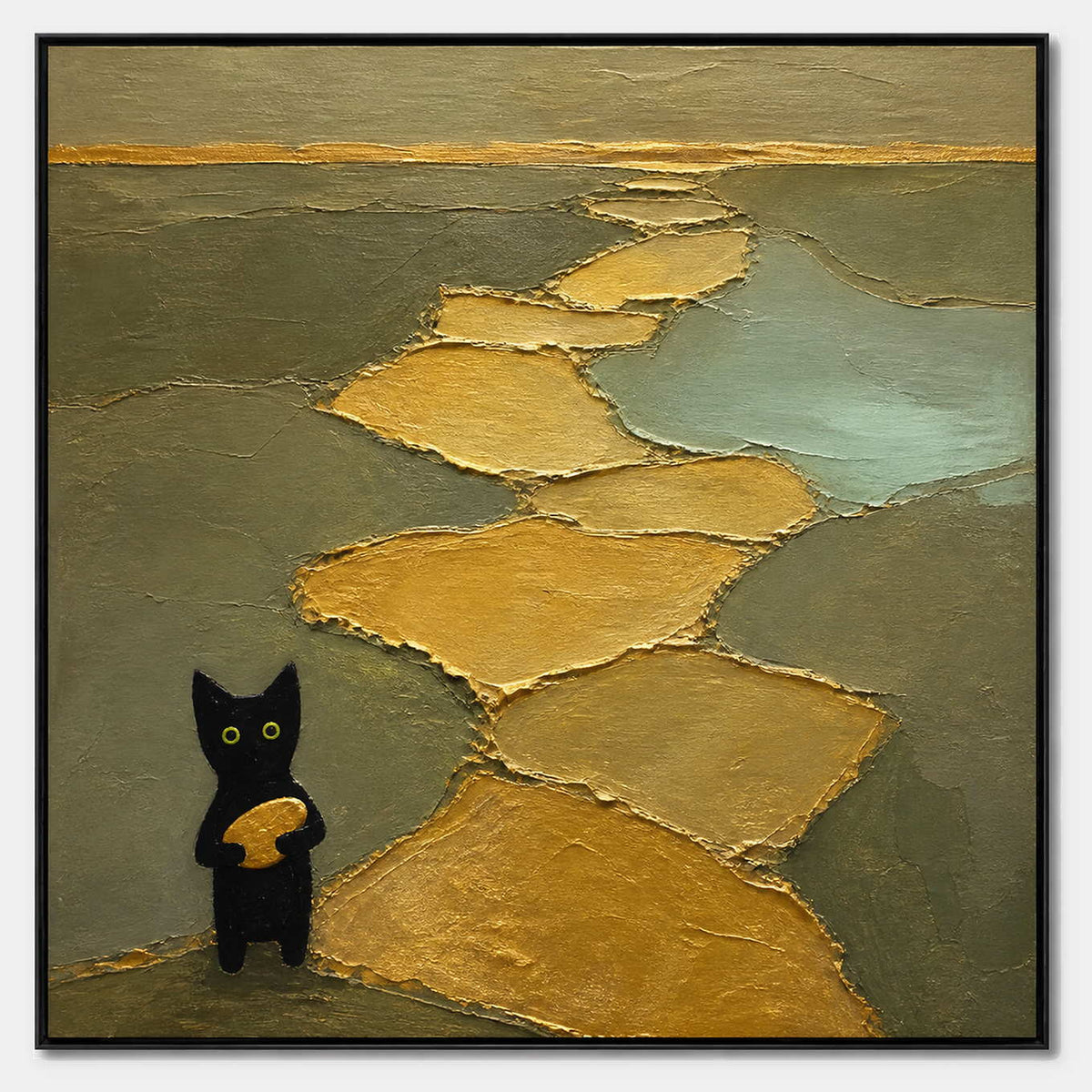 Hand-painted textured cat canvas in black, olive, gold, and soft blue-green.