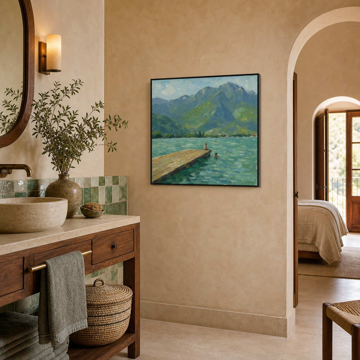 Fresh mountain lake art displayed in a quiet spa-like bathroom.