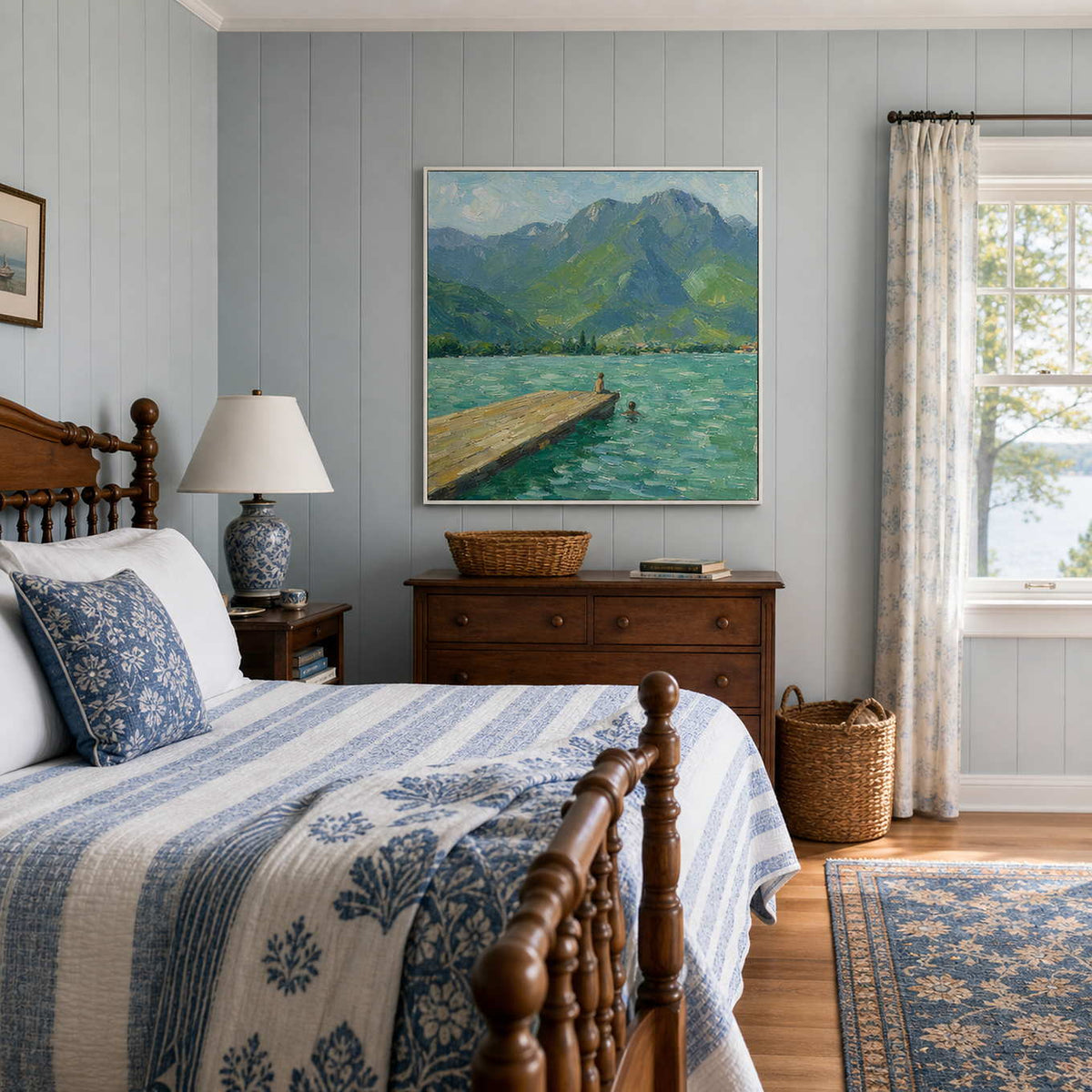 Blue-green mountain artwork above a serene lake-house bedroom dresser.