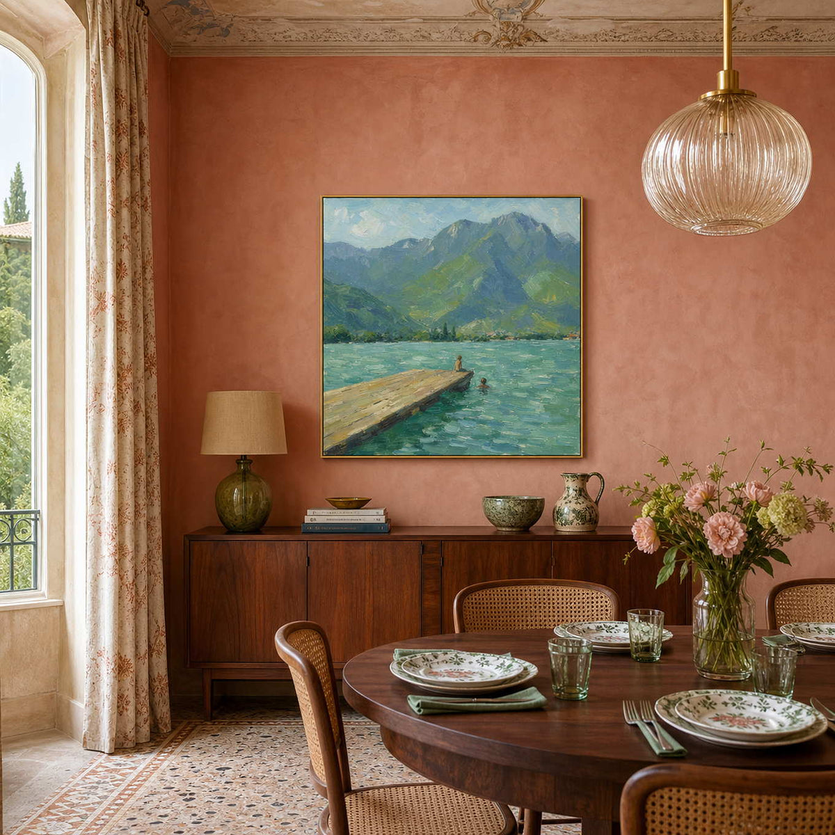 Mountain lake wall art warming a refined classical dining room.