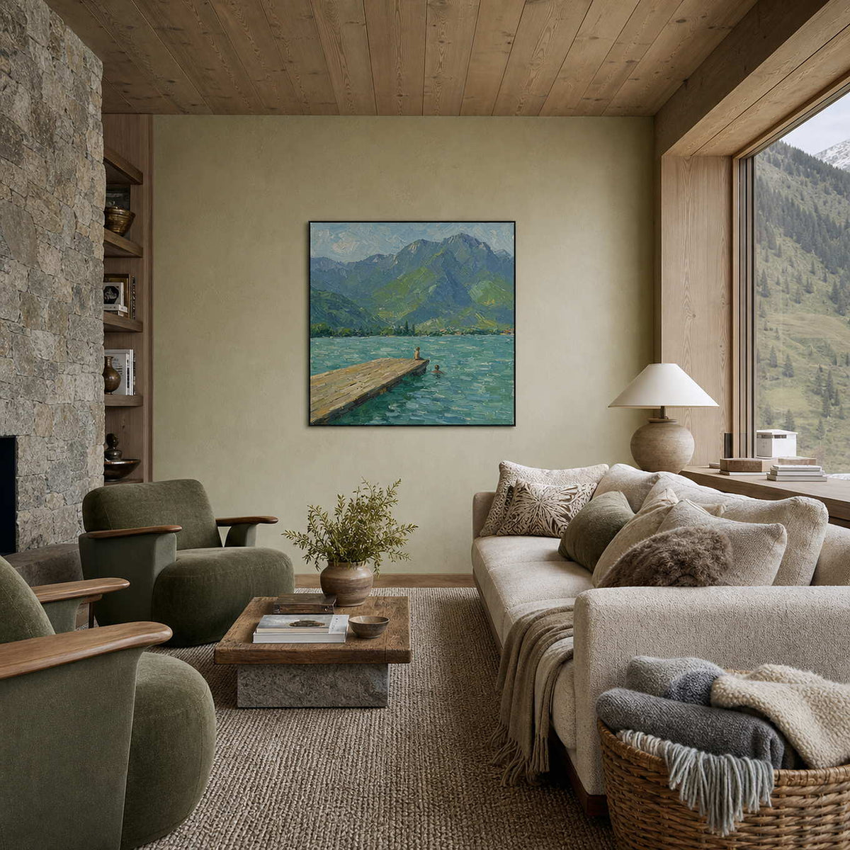 Textured mountain lake wall art displayed in a calm alpine living room.