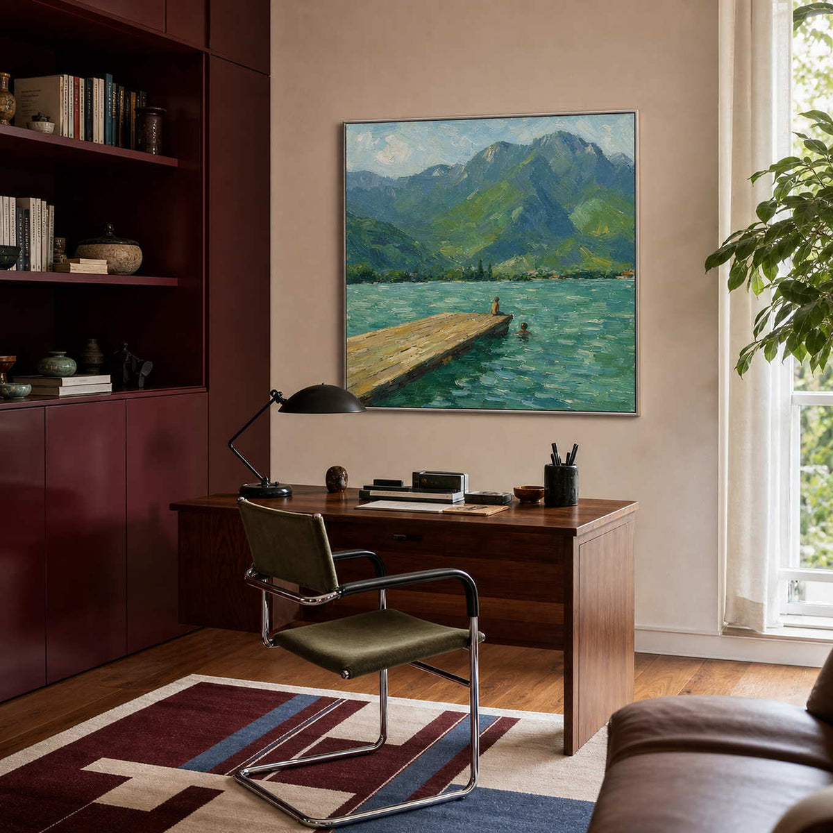 Square mountain landscape bringing cool depth to a modern home office.