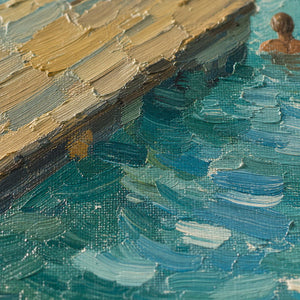 Close-up of raised blue-green water and warm pier texture.