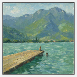 Hand-painted mountain lake scene with blue-green water and a sunlit pier.