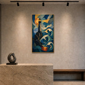 Expressive lighthouse wall art displayed in a contemporary gallery reception.