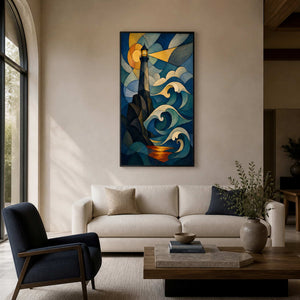 Modern lighthouse wall art displayed in a coastal architect living room.