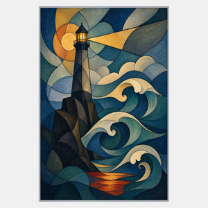 Hand-painted lighthouse wall art with deep teal waves, amber moonlight, and golden beam.