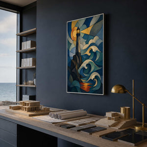 Coastal lighthouse wall art shown from the right in a nautical design studio.