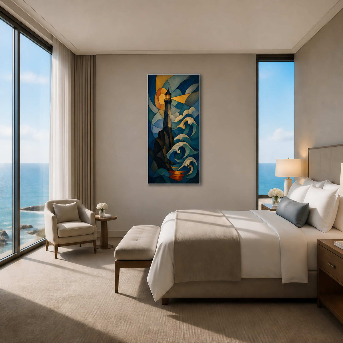Modern lighthouse wall art displayed in an ocean-view suite bedroom.