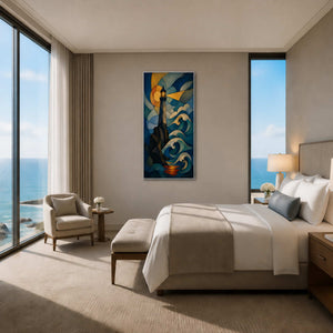 Modern lighthouse wall art displayed in an ocean-view suite bedroom.