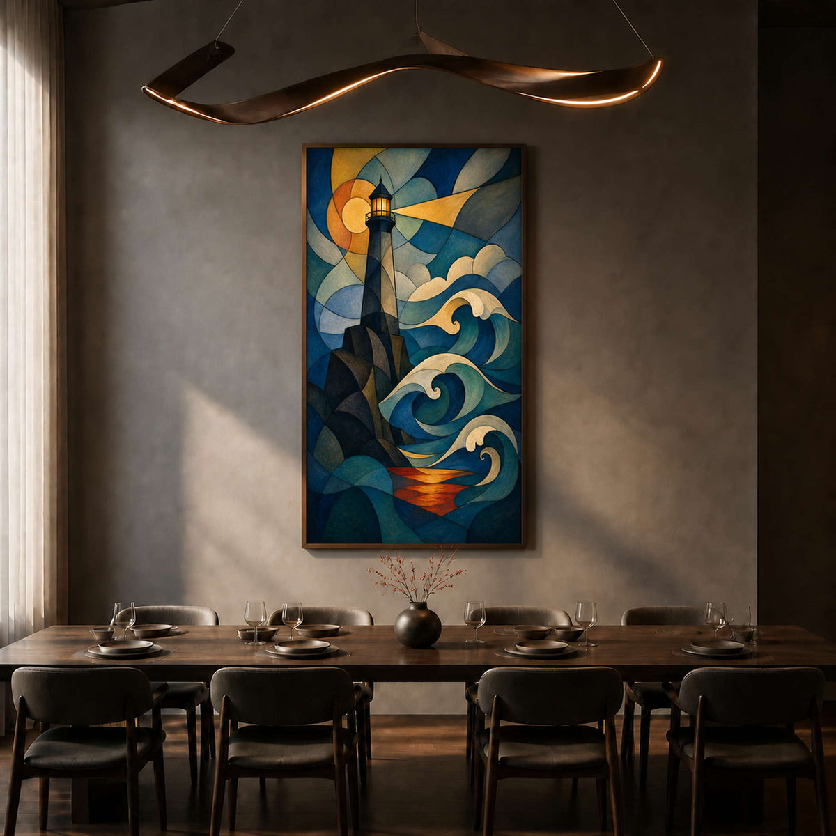 Blue and gold lighthouse wall art displayed in a private dining room.