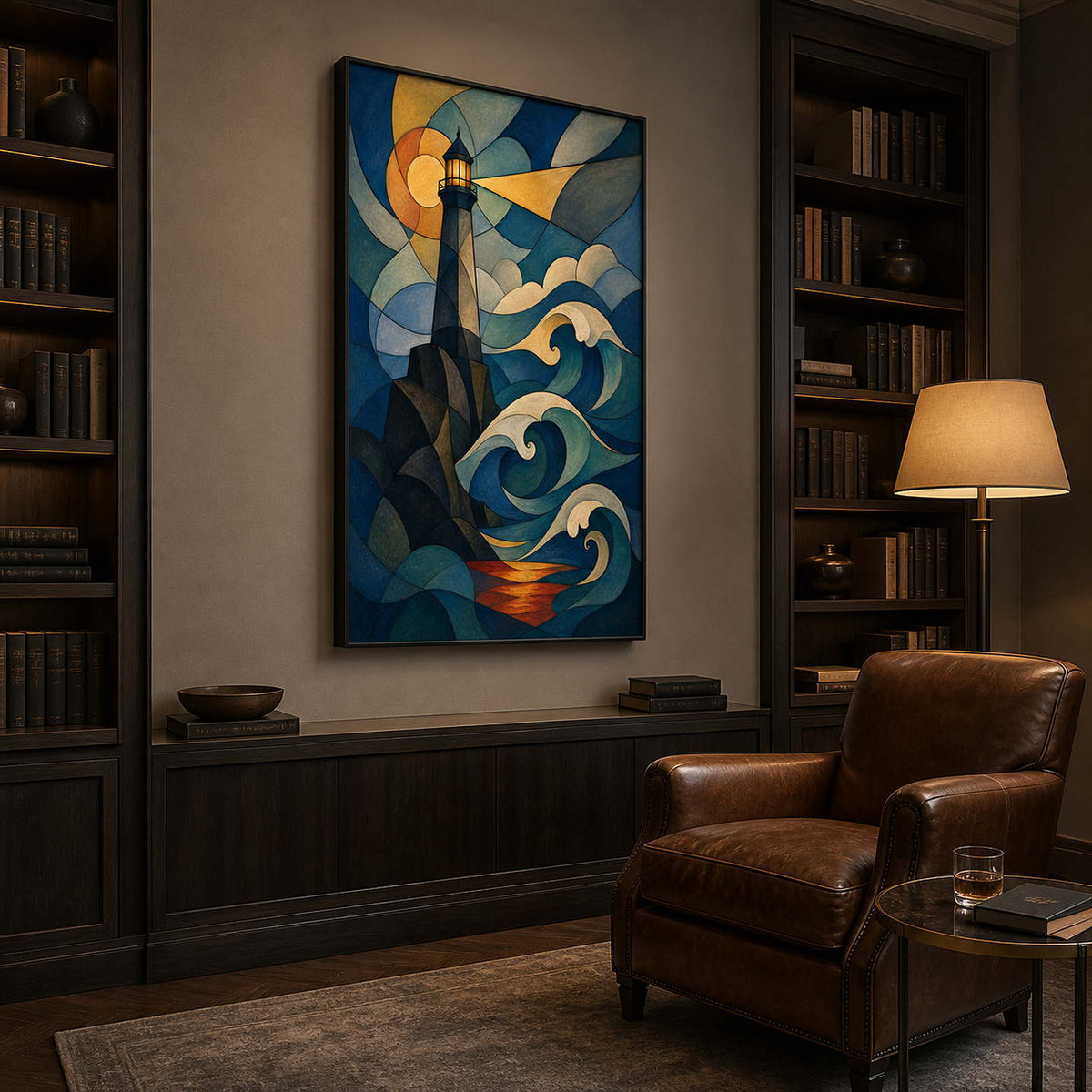 Vertical modern coastal wall art shown from the left in a collector reading lounge.