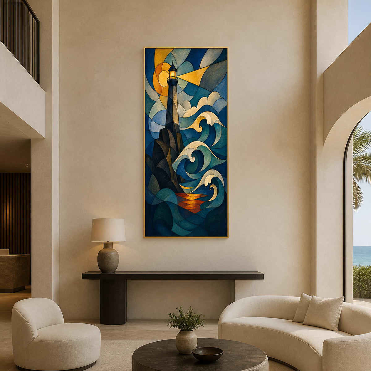 Vertical coastal wall art displayed in a boutique sea-view hotel lobby.