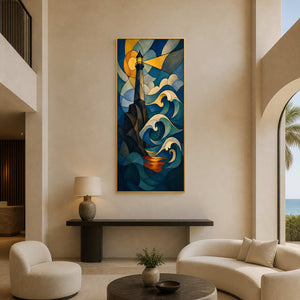 Vertical coastal wall art displayed in a boutique sea-view hotel lobby.