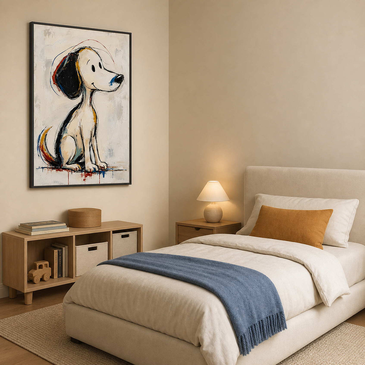 Modern Dog Wall Art displayed in a refined bedroom.