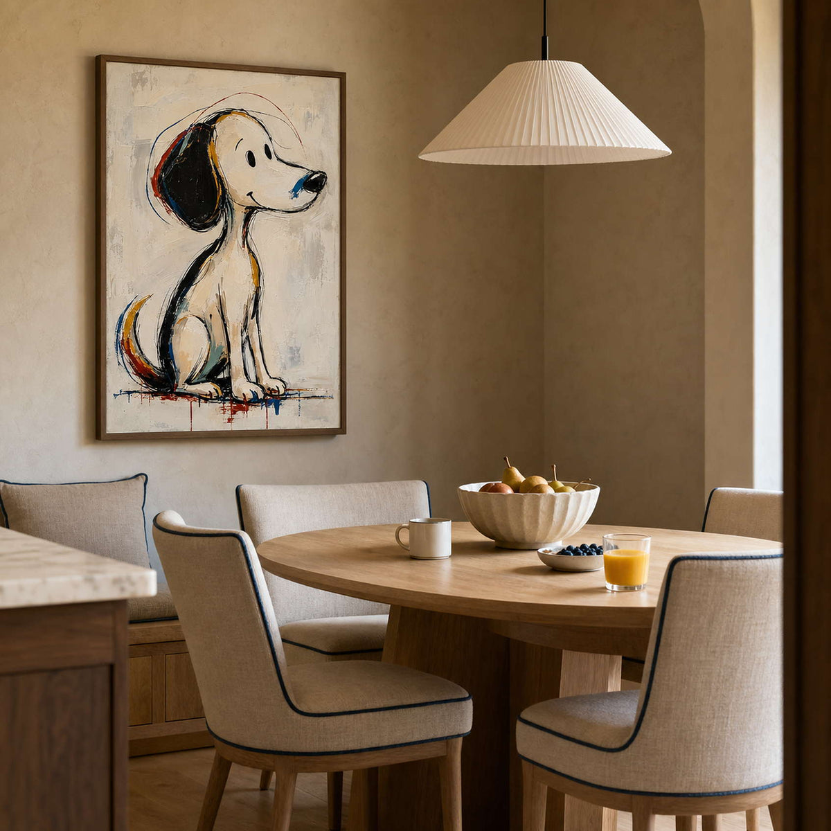 Modern Dog Wall Art displayed in a refined dining room.