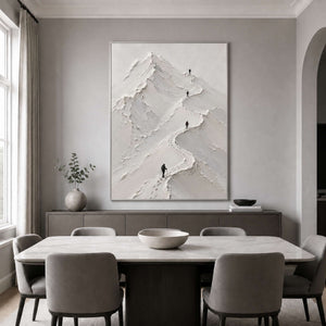 Neutral textured mountain artwork displayed in a light gray modern dining room.