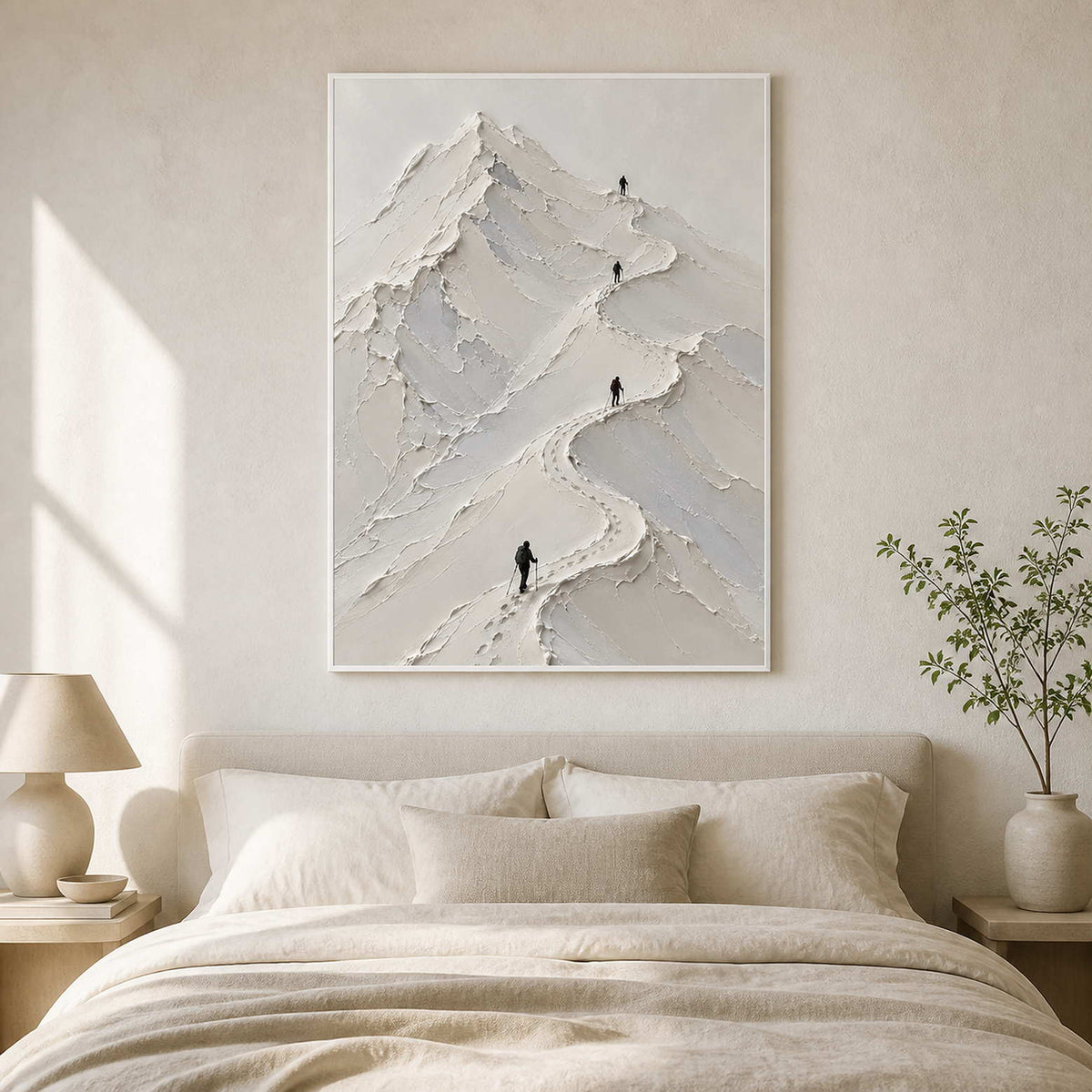 Minimalist white climber wall art displayed in a serene ivory bedroom.