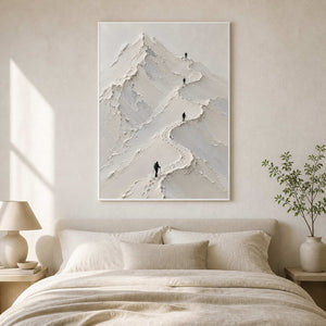 Minimalist white climber wall art displayed in a serene ivory bedroom.