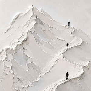 Close-up of climbers, a winding trail, and thick sculpted snow-peak texture.
