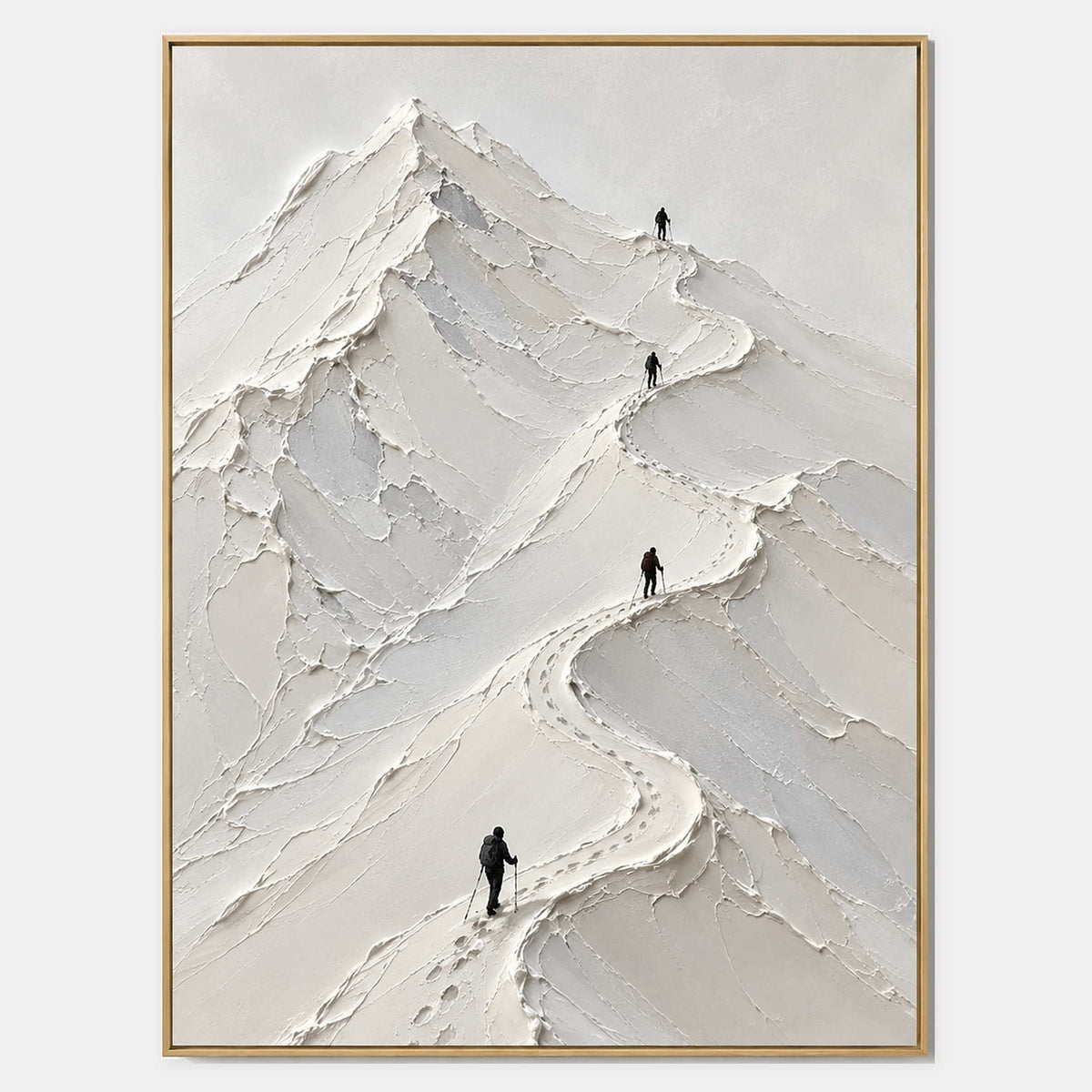 Four climbers following a winding trail across sculpted white mountain peaks.