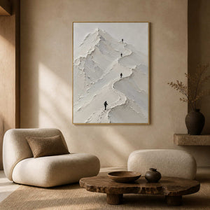 White mountain journey artwork displayed in a warm Wabi-Sabi lounge.