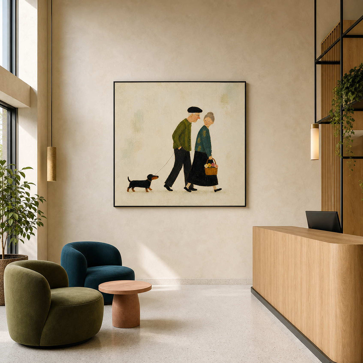 Square people wall art displayed in an Amsterdam community hotel lobby.