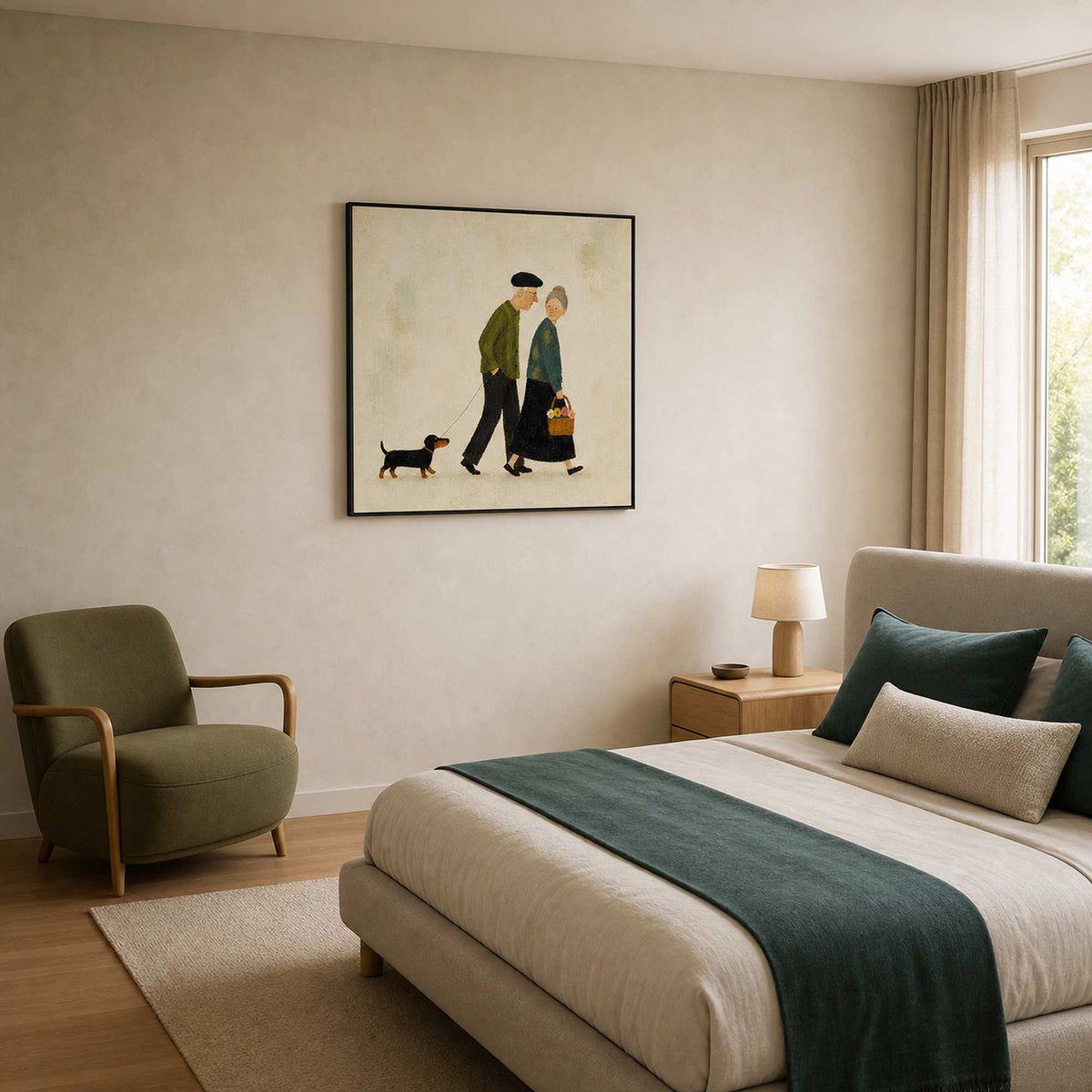 Tender couple painting styled above a Copenhagen apartment bedroom.