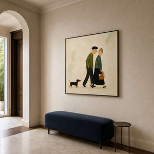Square couple and dog wall art styled in a Brussels entryway.