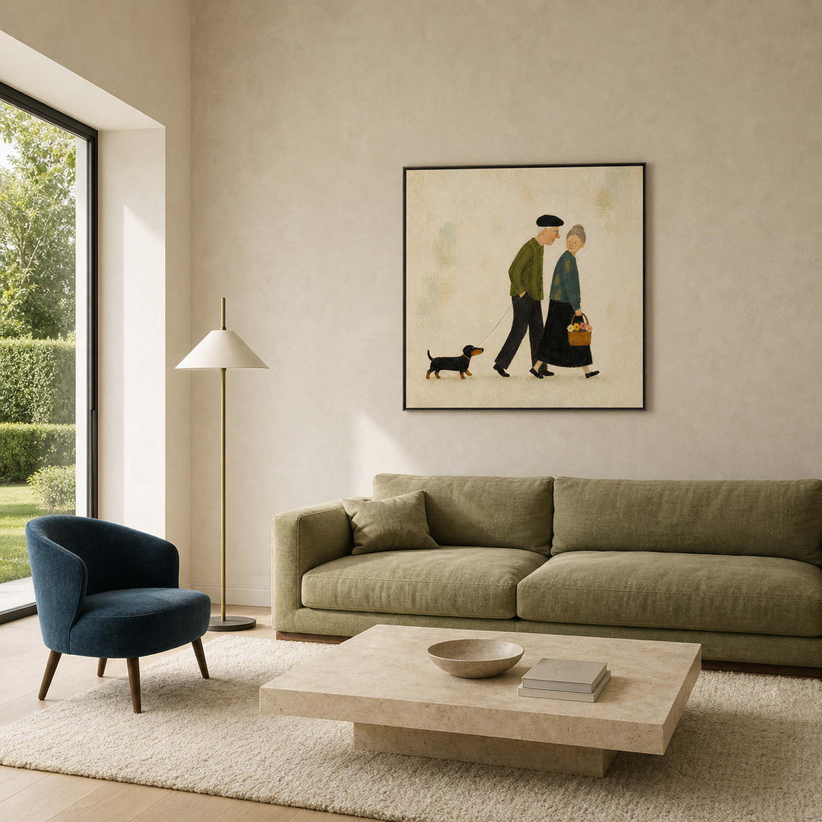 Whimsical couple wall art displayed in a London garden living room.