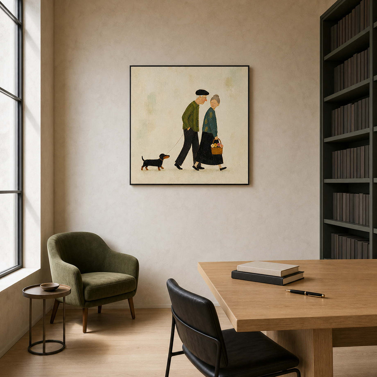 Whimsical portrait canvas displayed in an independent publisher office.